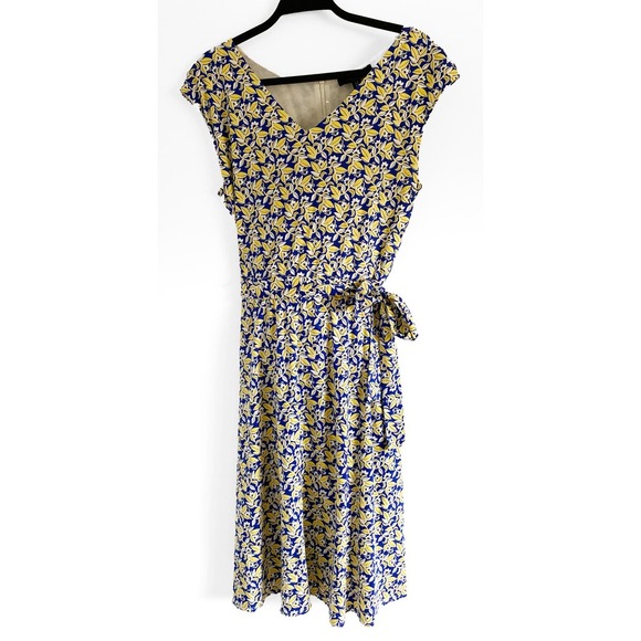 Max Mara Weekend Women's Blue Yellow Floral Printed V Neck Belted Midi Dress - Picture 1 of 7